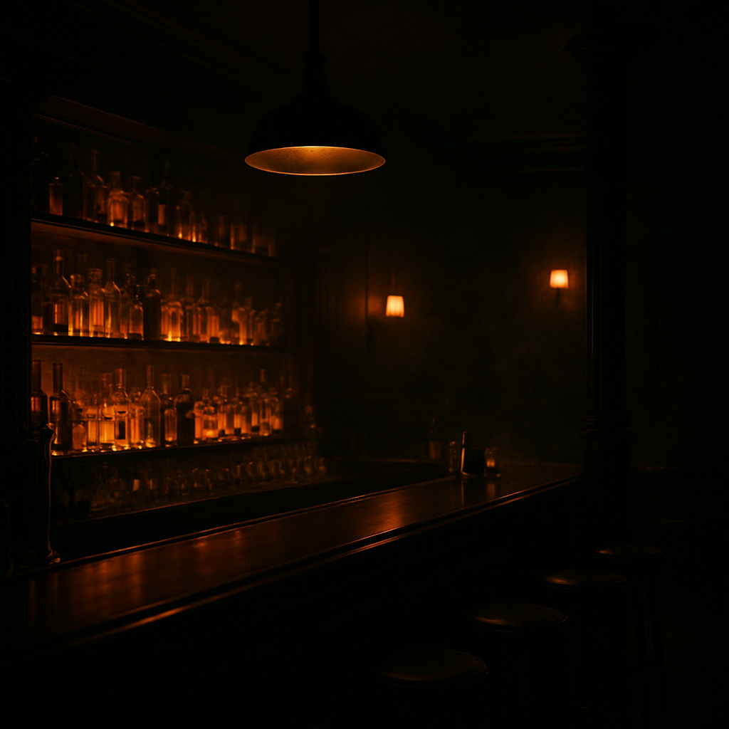 Dimly lit speakeasy bar interior